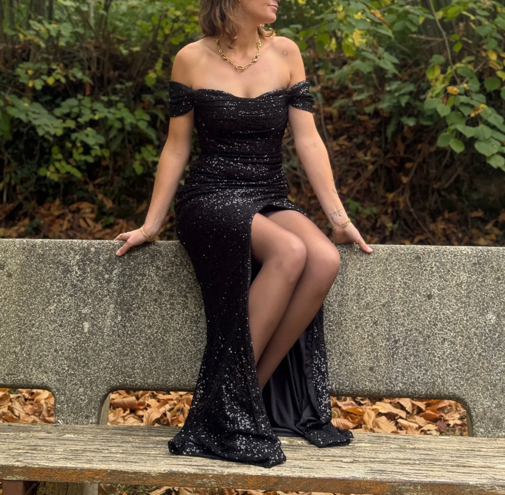 Long black sequined evening dress