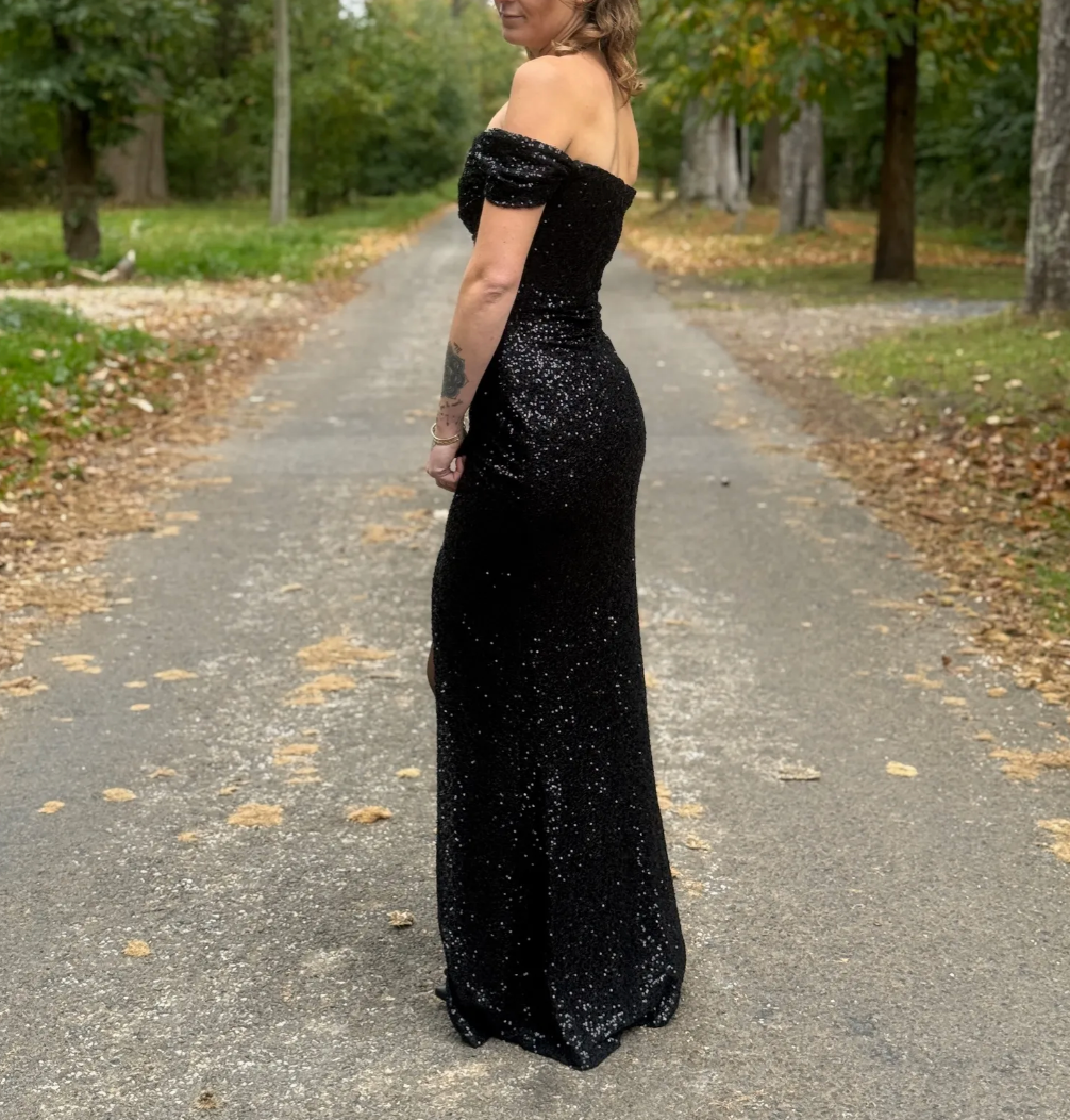 Long black sequined evening dress