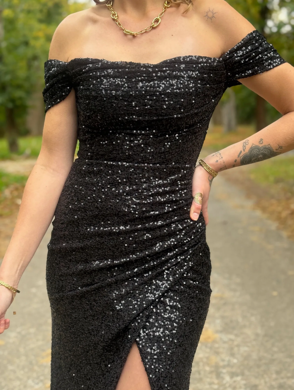 Long black sequined evening dress