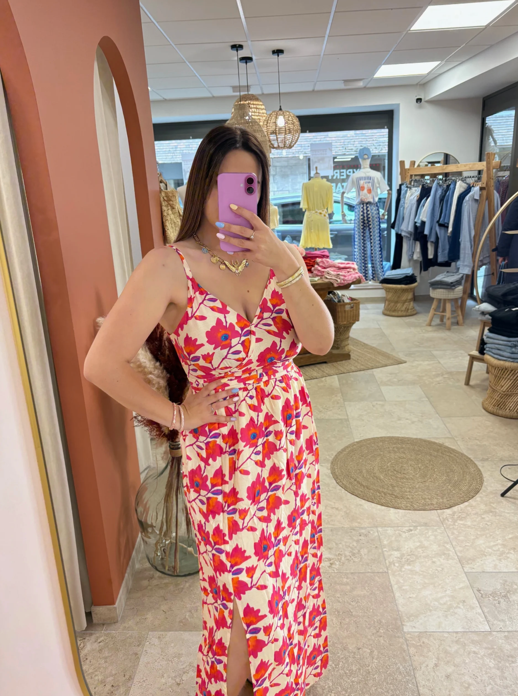 Fuchsia floral maxi dress with straps - Legacy Store